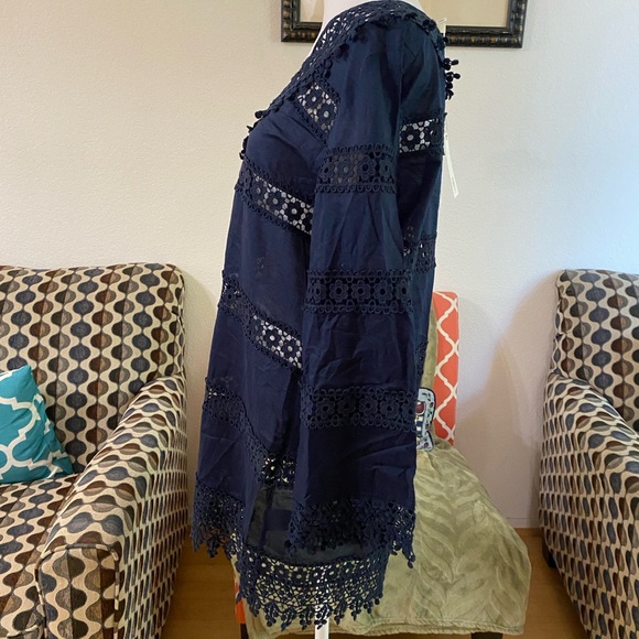 Tory Burch Navy Blue Crochet Lace Mini Dress, Cover Up, Long Sleeve, V-neck, Med - Picture 2 of 7